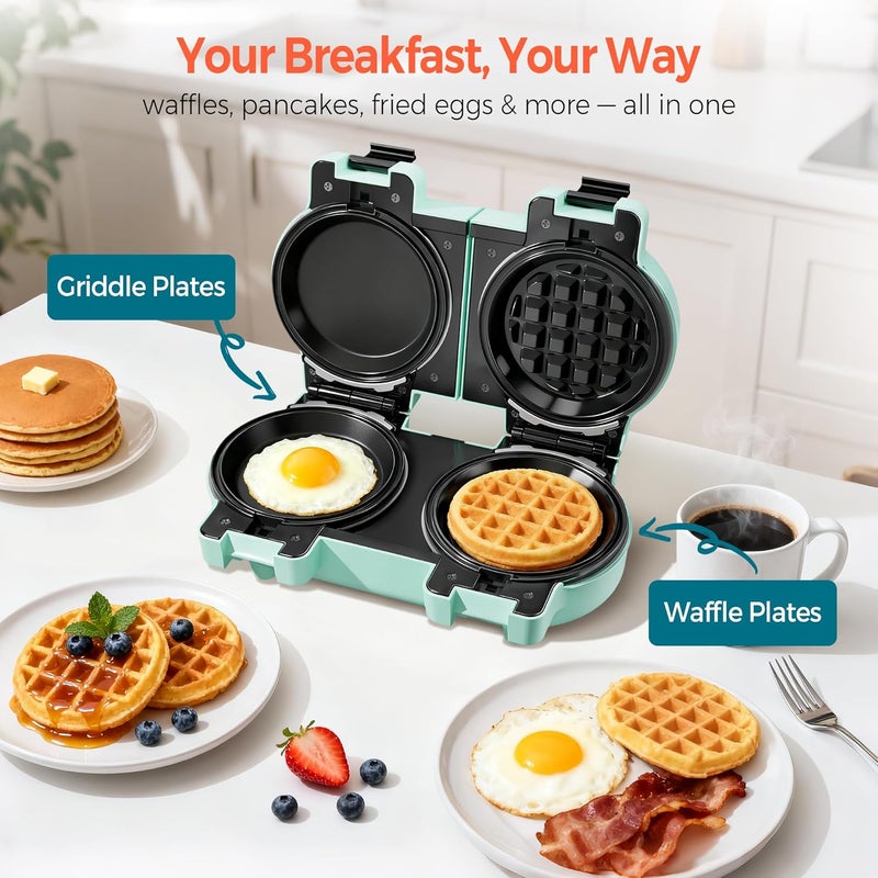 CACHOO 2-in-1 Double Waffle & Pancake Maker - Mini 4" Nonstick Waffle Iron & Small Round Griddle with 4 Removable Plate Sets, Dishwasher Safe, Perfect for Small Spaces, Apartments & Dorms, Aqua - Image 3